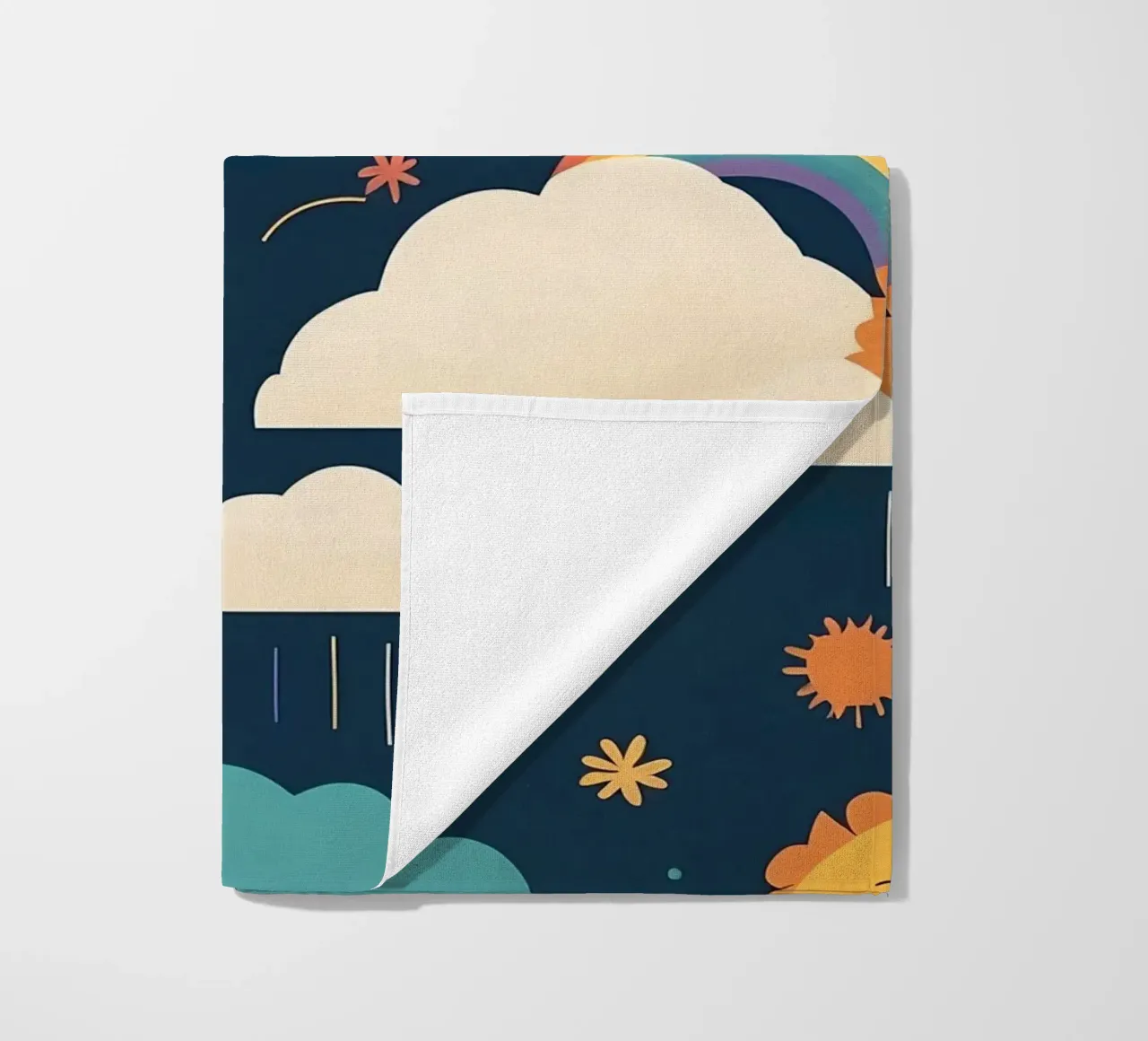 Whimsical pattern depicting smiling suns, rainbows, & clouds beach towel by DesignDoodle