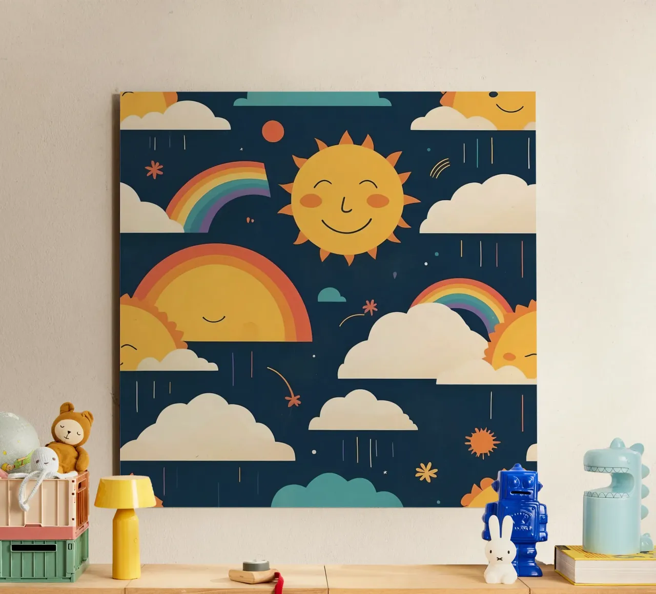 Whimsical pattern depicting smiling suns, rainbows, & clouds alu-dibond by DesignDoodle