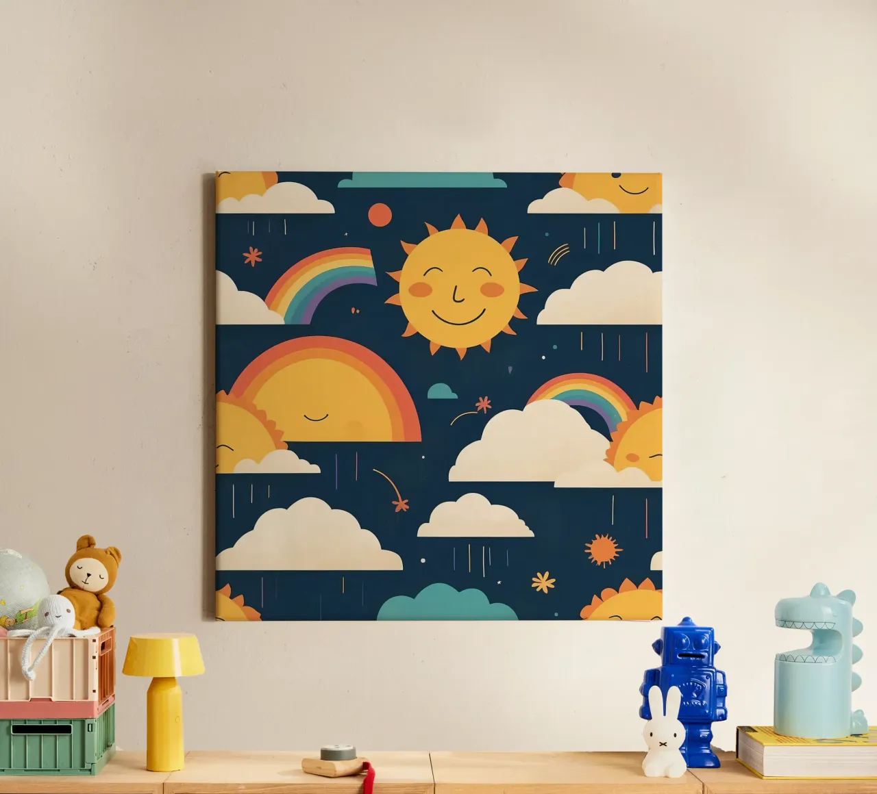 Whimsical pattern depicting smiling suns, rainbows, & clouds canvas with Floater frame by DesignDoodle