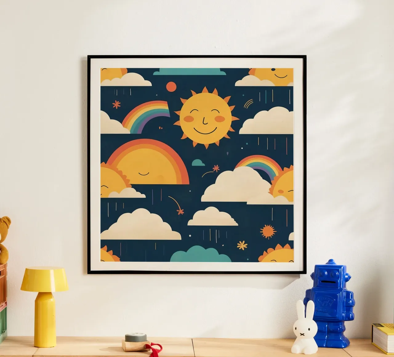 Motif fantaisiste représentant des soleils souriants, des arcs-en-ciel et des nuages. poster de DesignDoodle