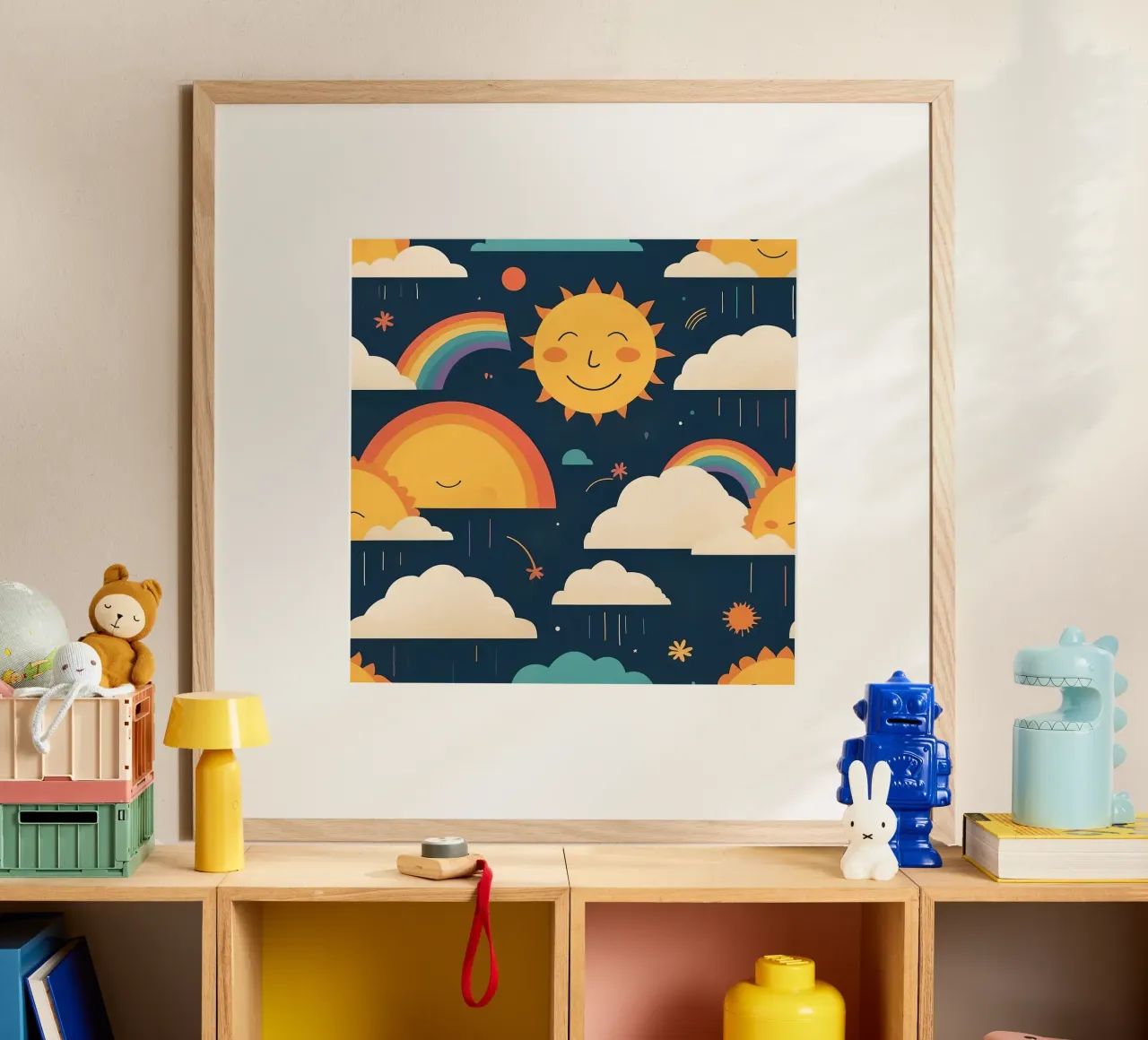 Motif fantaisiste représentant des soleils souriants, des arcs-en-ciel et des nuages. poster de DesignDoodle