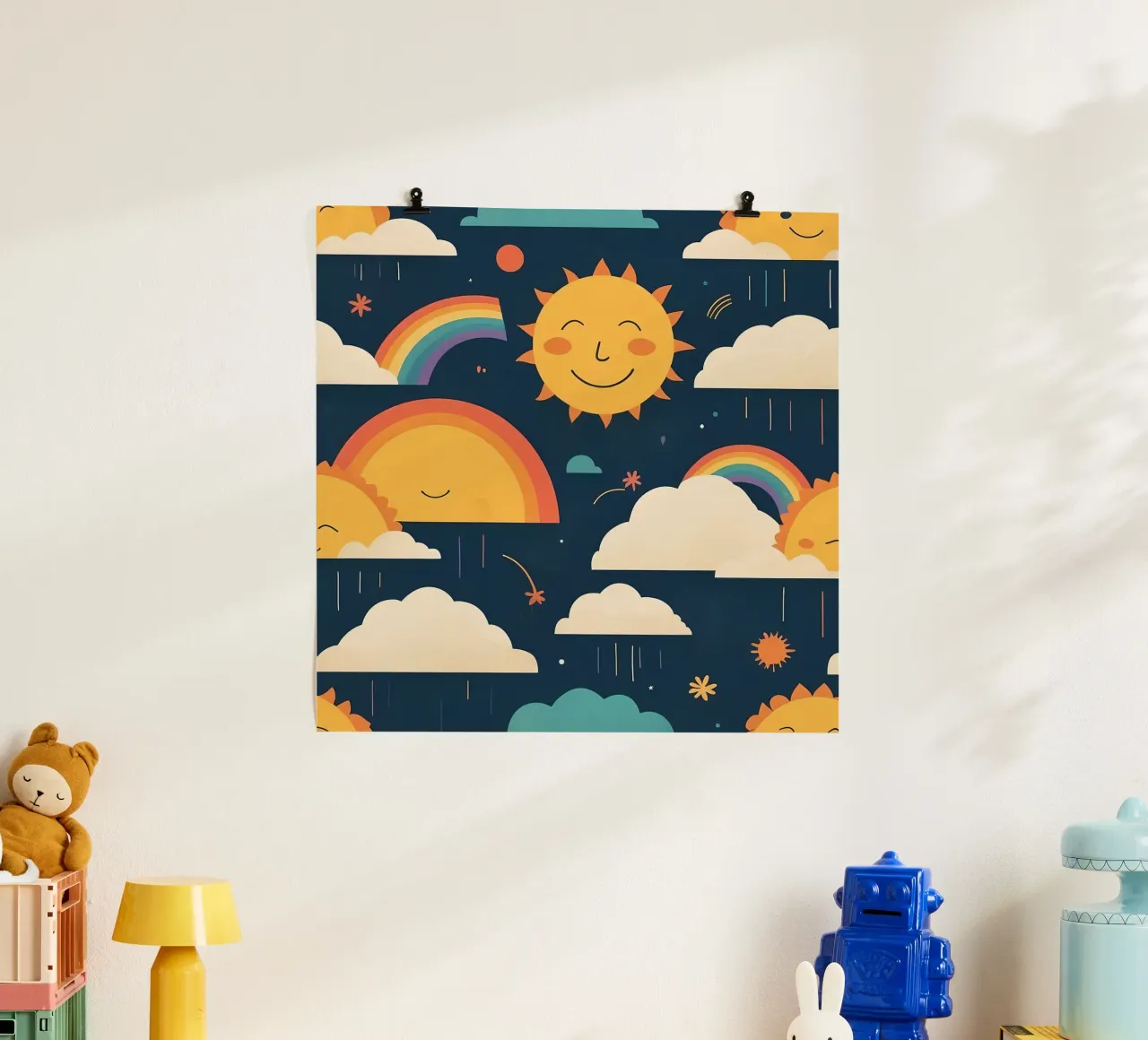 Motif fantaisiste représentant des soleils souriants, des arcs-en-ciel et des nuages. poster de DesignDoodle
