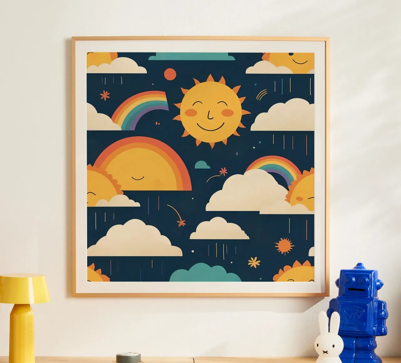Motif fantaisiste représentant des soleils souriants, des arcs-en-ciel et des nuages. poster de DesignDoodle