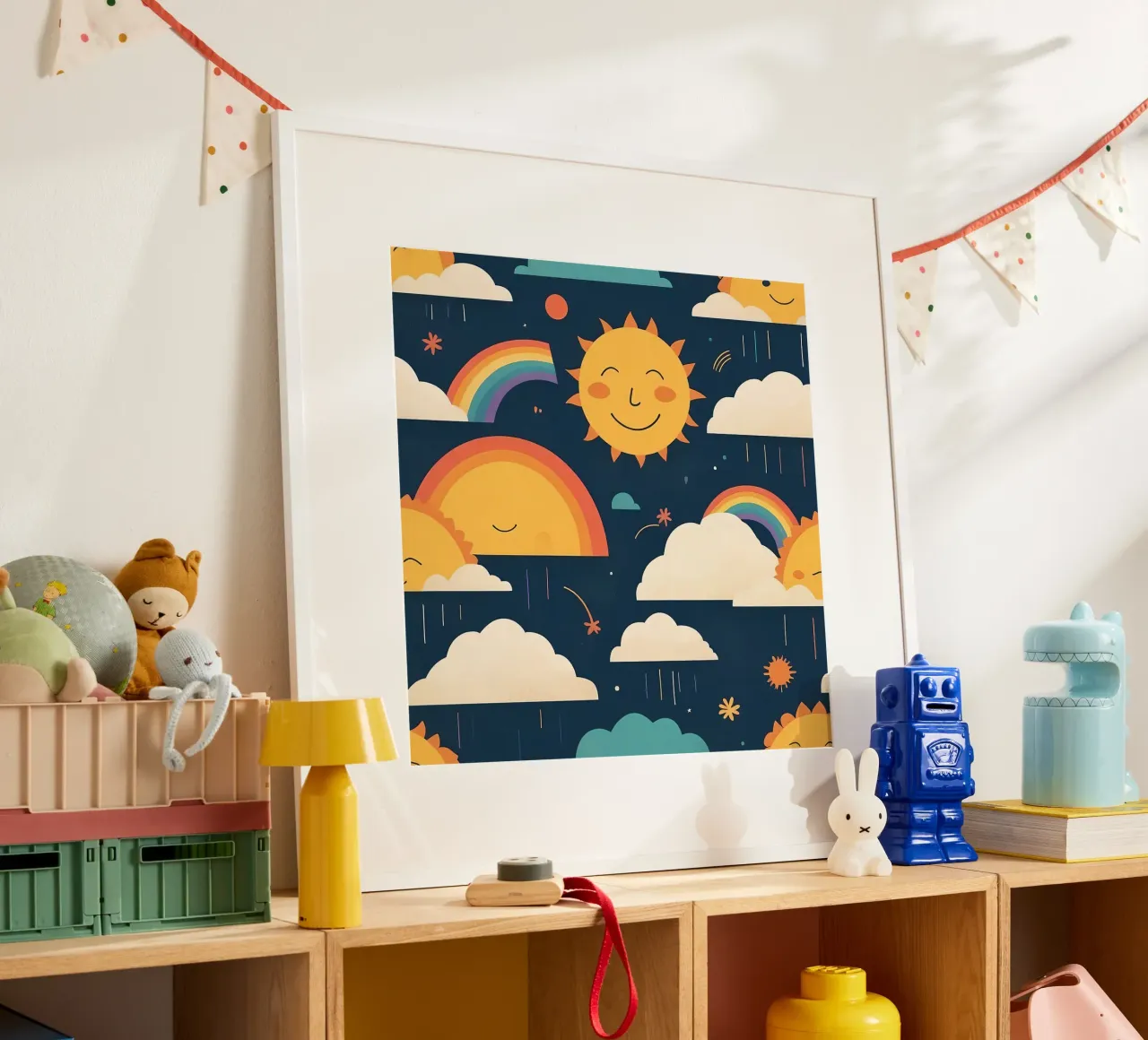 Motif fantaisiste représentant des soleils souriants, des arcs-en-ciel et des nuages. poster de DesignDoodle