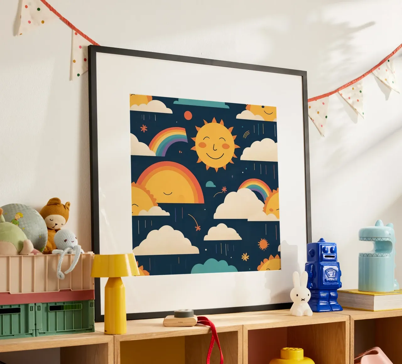 Motif fantaisiste représentant des soleils souriants, des arcs-en-ciel et des nuages. poster de DesignDoodle