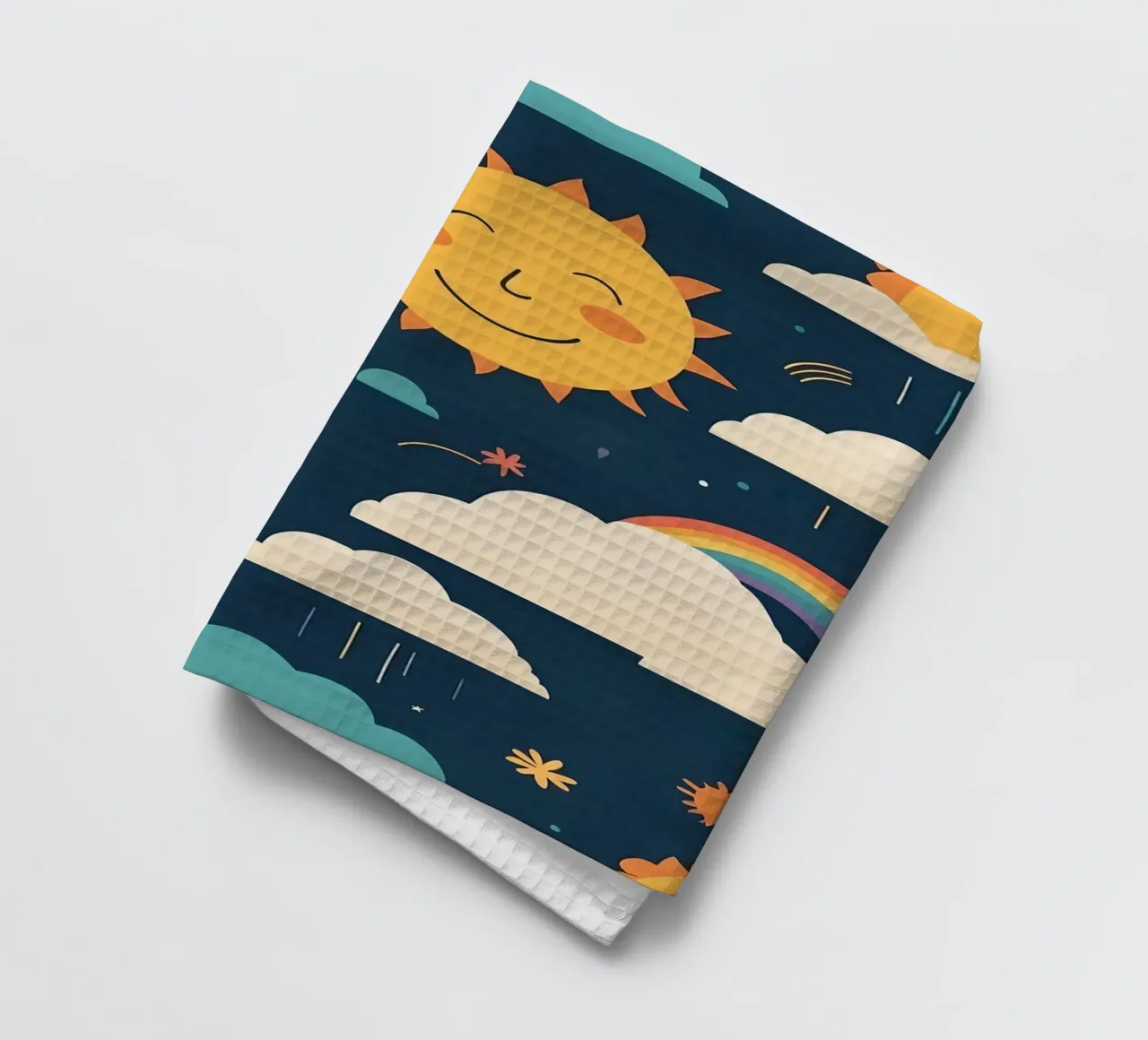 Whimsical pattern depicting smiling suns, rainbows, & clouds tea towel by DesignDoodle