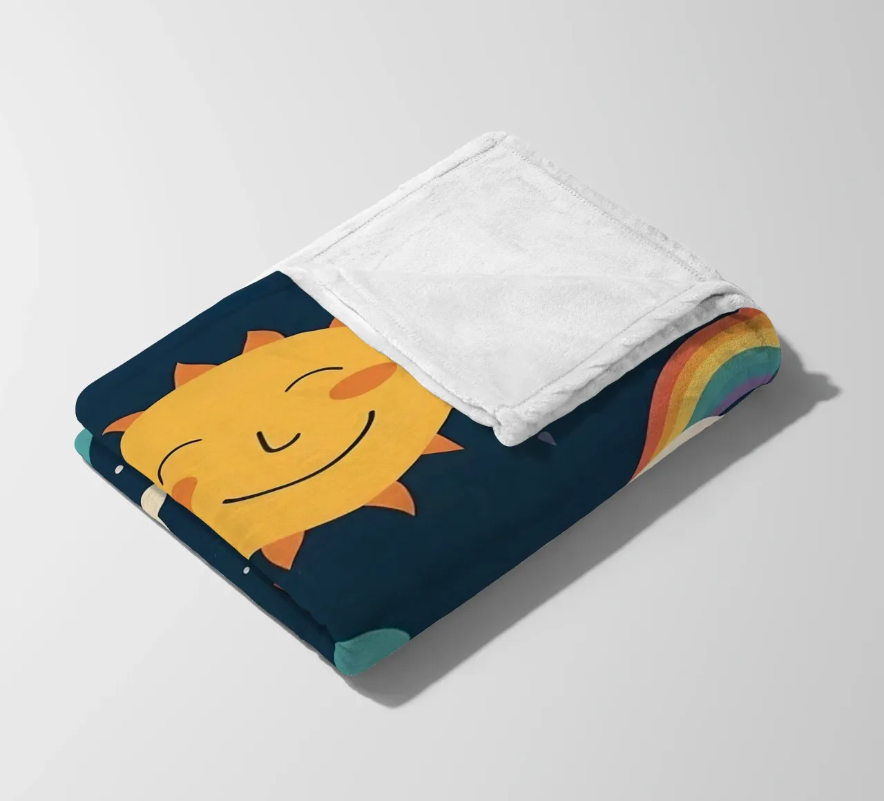 Whimsical pattern depicting smiling suns, rainbows, & clouds fleece blanket by DesignDoodle