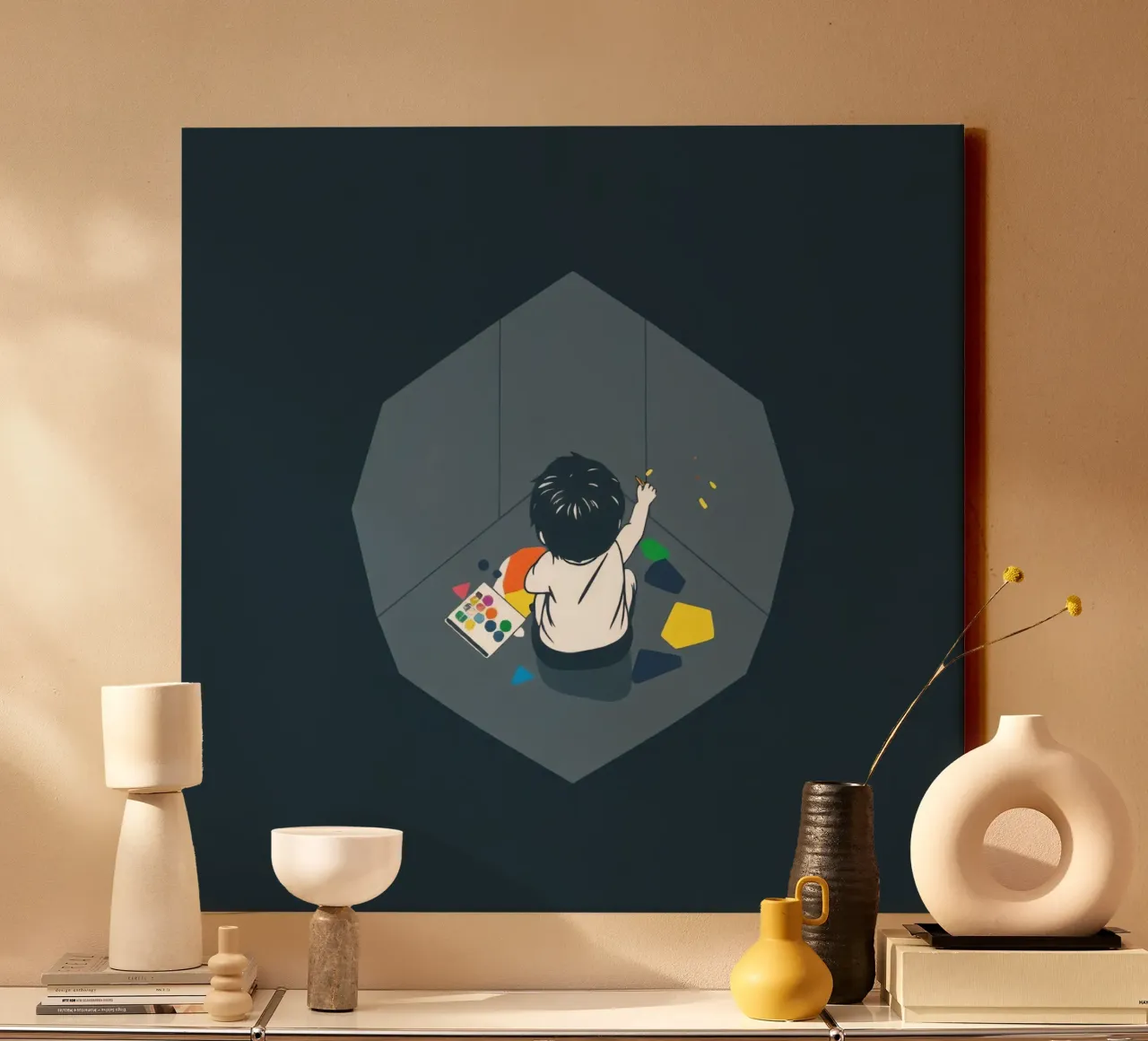 Kinderkunsthoek, Kind bezig met creatief spel canvas met Baklijst van DesignDoodle