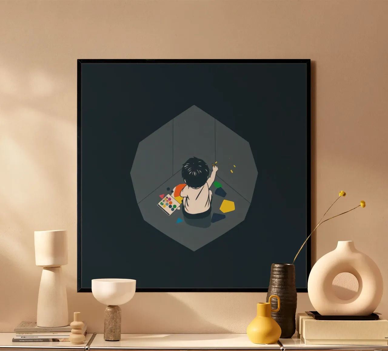 Angolo dell'arte per bambini, Bambino impegnato in un gioco creativo poster con telaio in plastica da DesignDoodle