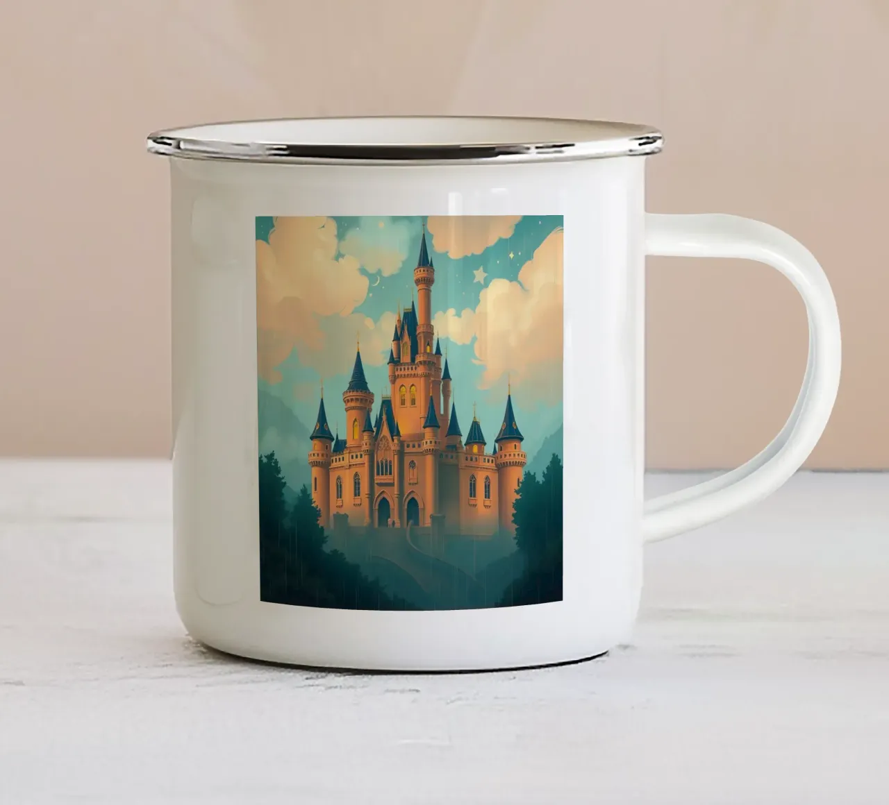 Majestic castle surrounded by misty mountains enamel mug by DesignDoodle