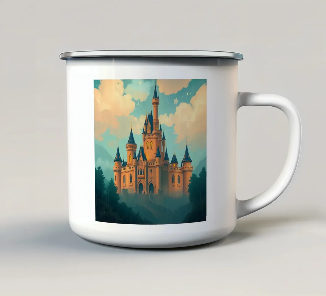 Majestic castle surrounded by misty mountains enamel mug by DesignDoodle