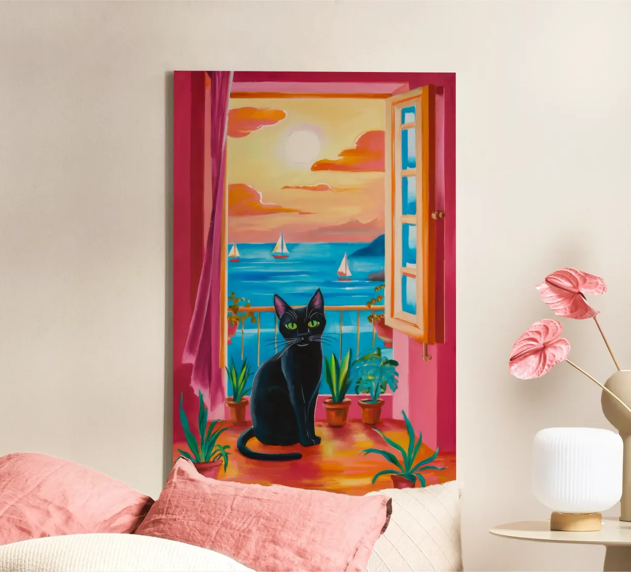 Silhouette di gatto al tramonto tela con Cornice a cassetta da Tiga Bersama