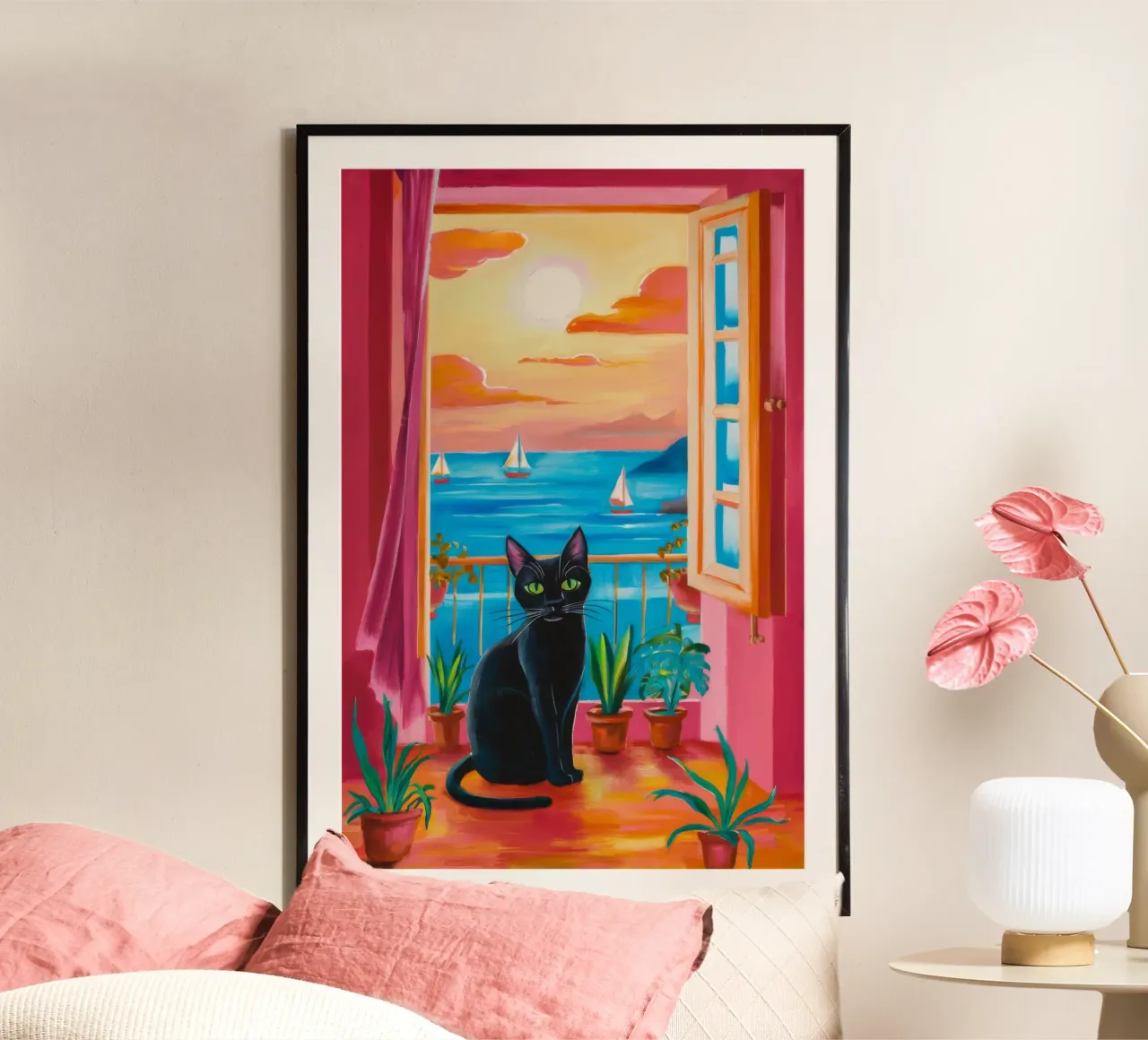 Silhouette di gatto al tramonto poster da Tiga Bersama