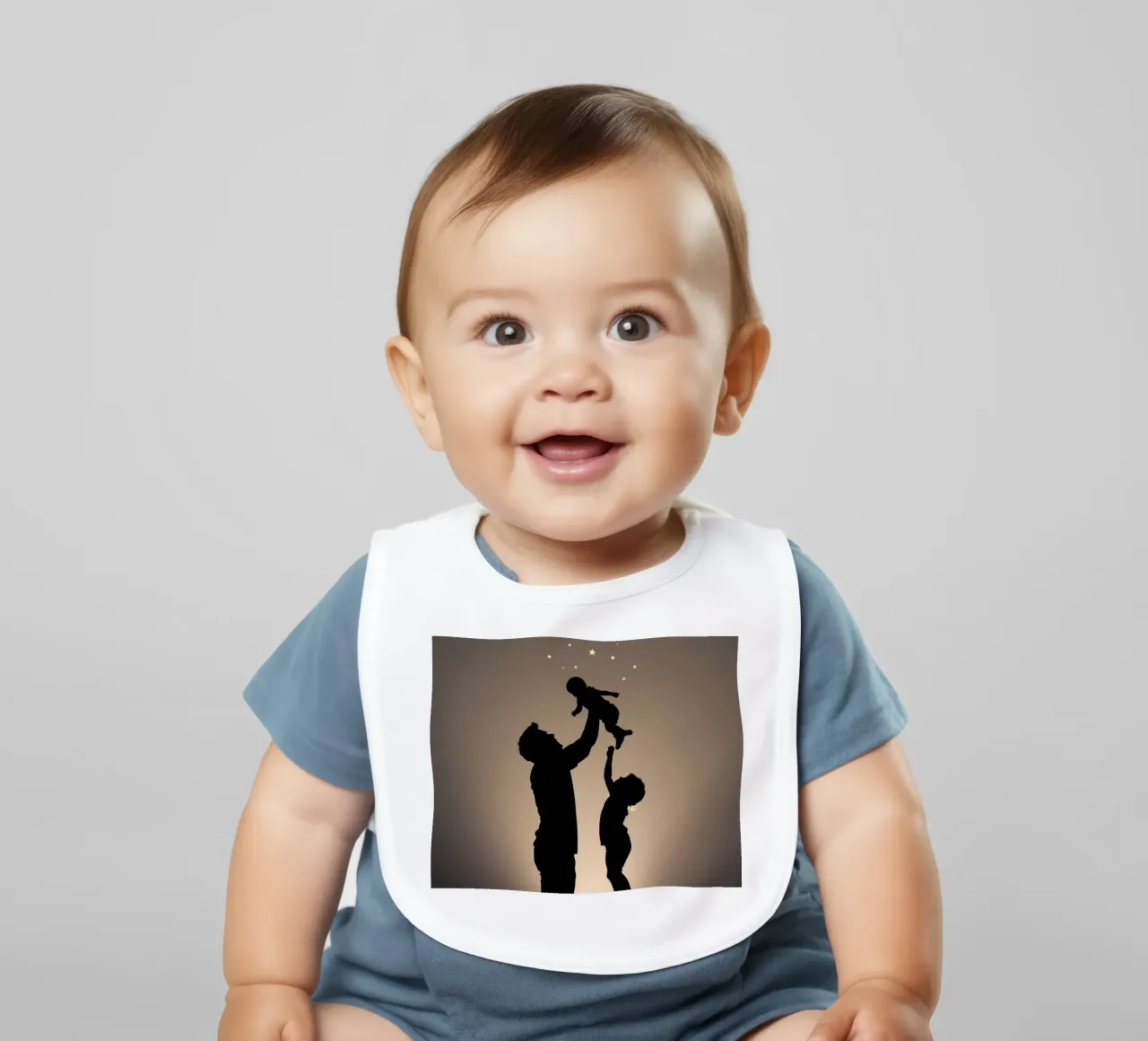 Father hold child while sibling reaches up towards the stars baby bib by DesignDoodle