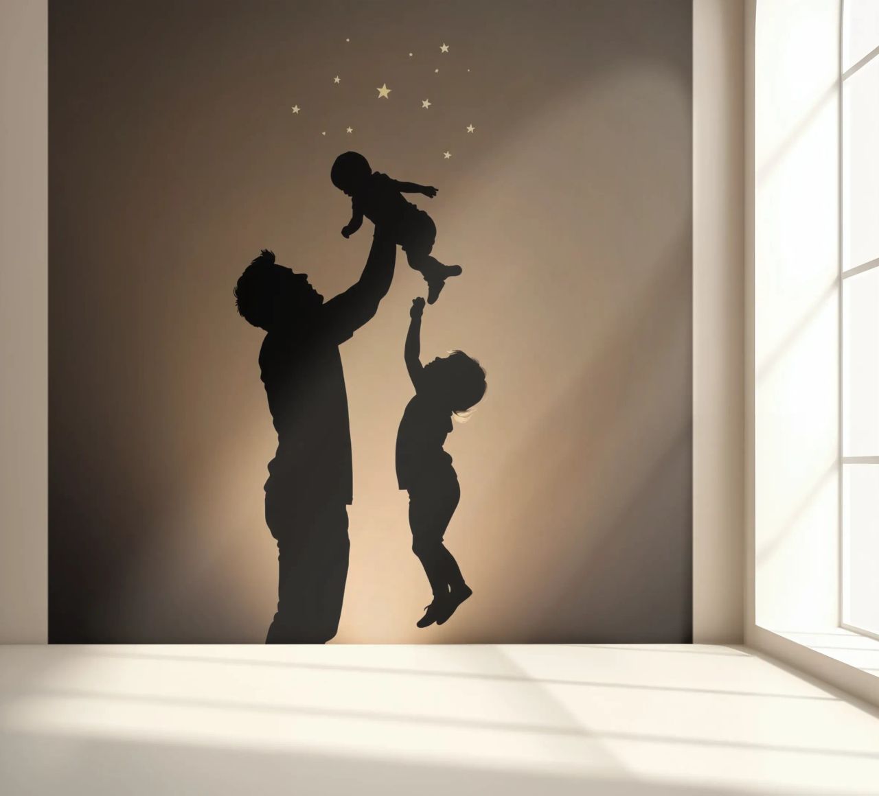 Un père tient son enfant dans ses bras tandis que son frère ou sa sœur s'élève vers les étoiles. papier peint photo de DesignDoodle