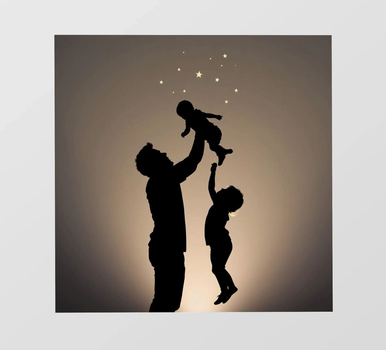 Un père tient son enfant dans ses bras tandis que son frère ou sa sœur s'élève vers les étoiles. papier peint photo de DesignDoodle