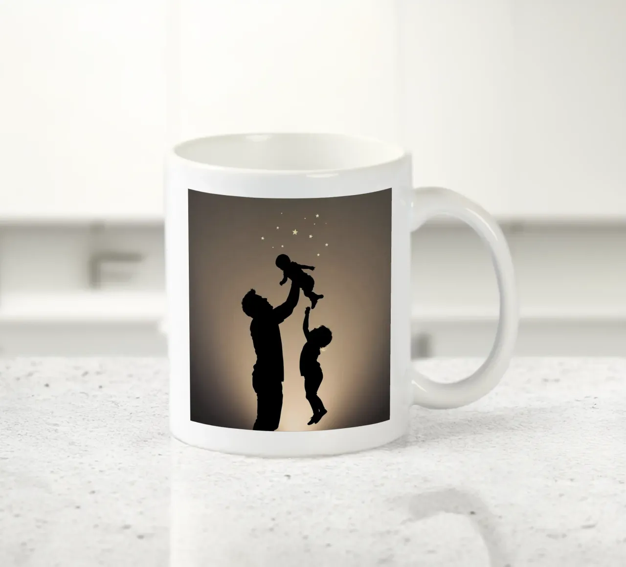 Father hold child while sibling reaches up towards the stars ceramic mug by DesignDoodle