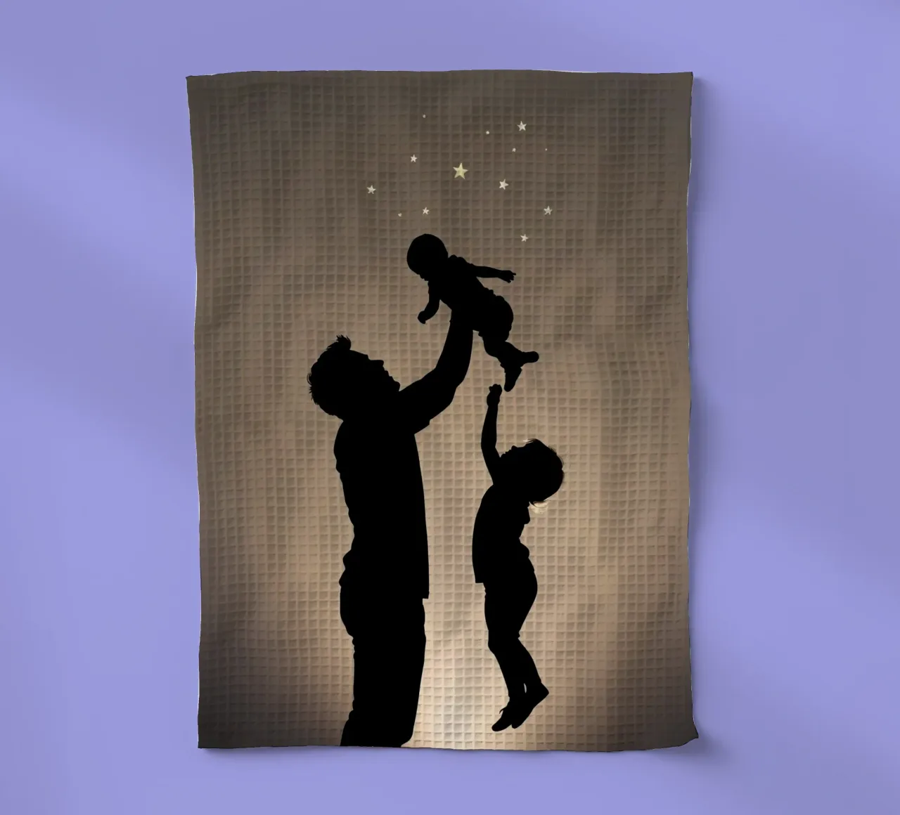 Father hold child while sibling reaches up towards the stars tea towel by DesignDoodle
