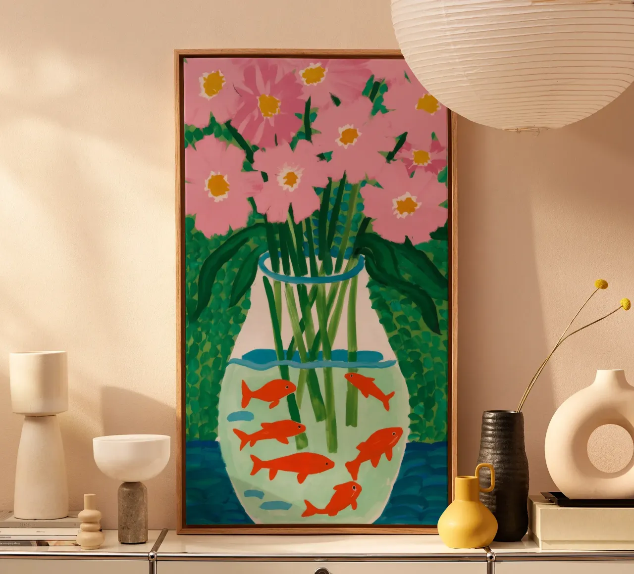 Goudvis Vaas Tuin canvas met Baklijst van Tiga Bersama