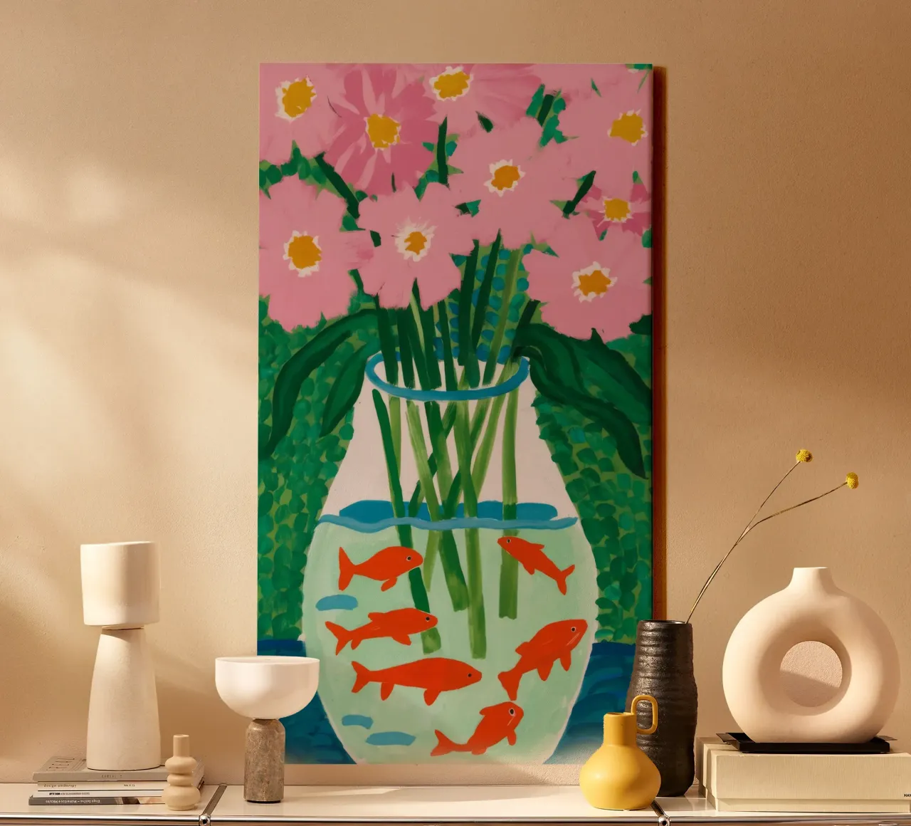 Goudvis Vaas Tuin canvas met Baklijst van Tiga Bersama