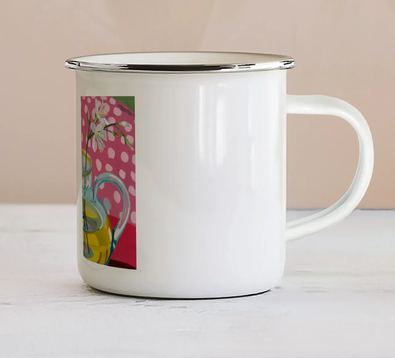 Brocca a pois rosa tazza in smalto da Tiga Bersama