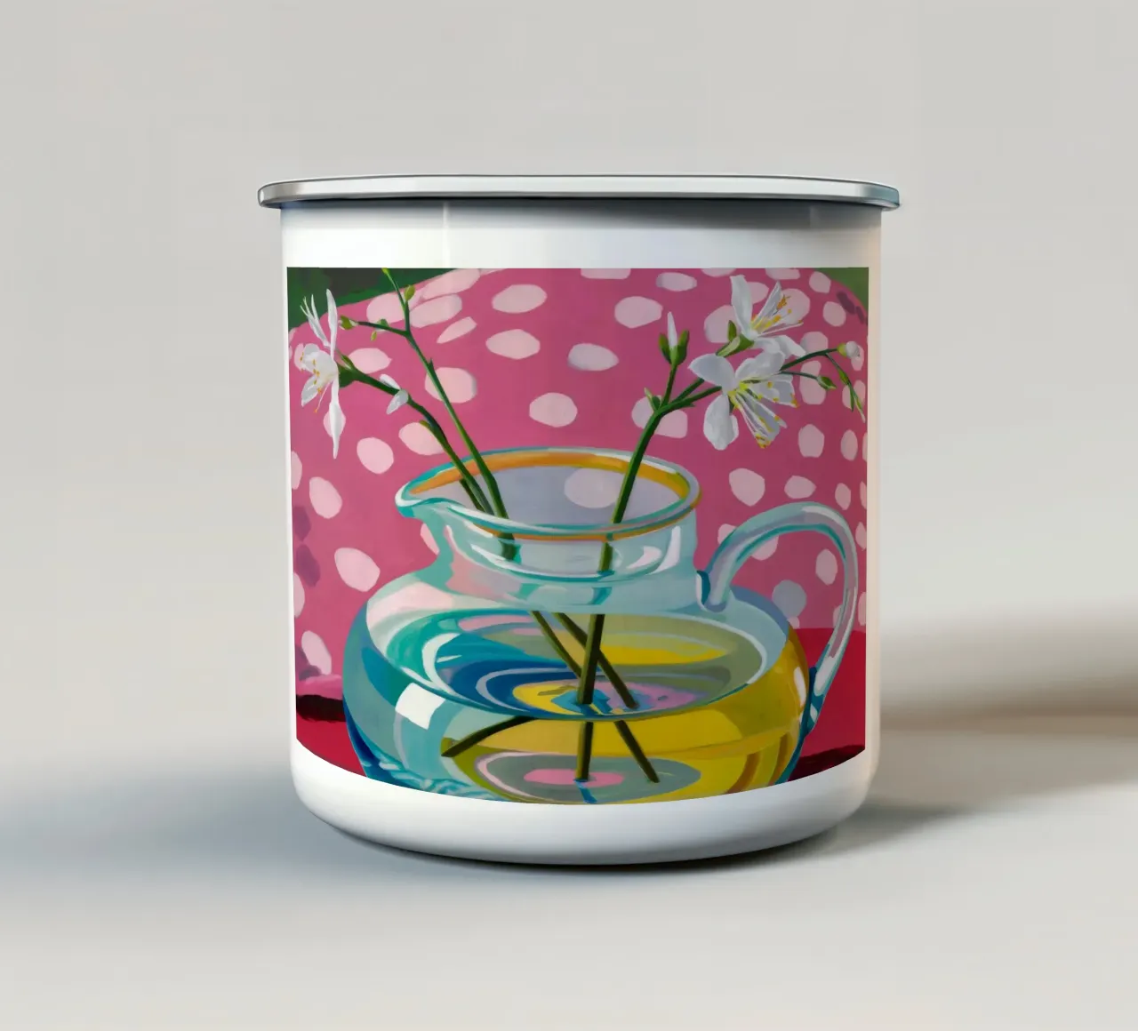 Brocca a pois rosa tazza in smalto da Tiga Bersama