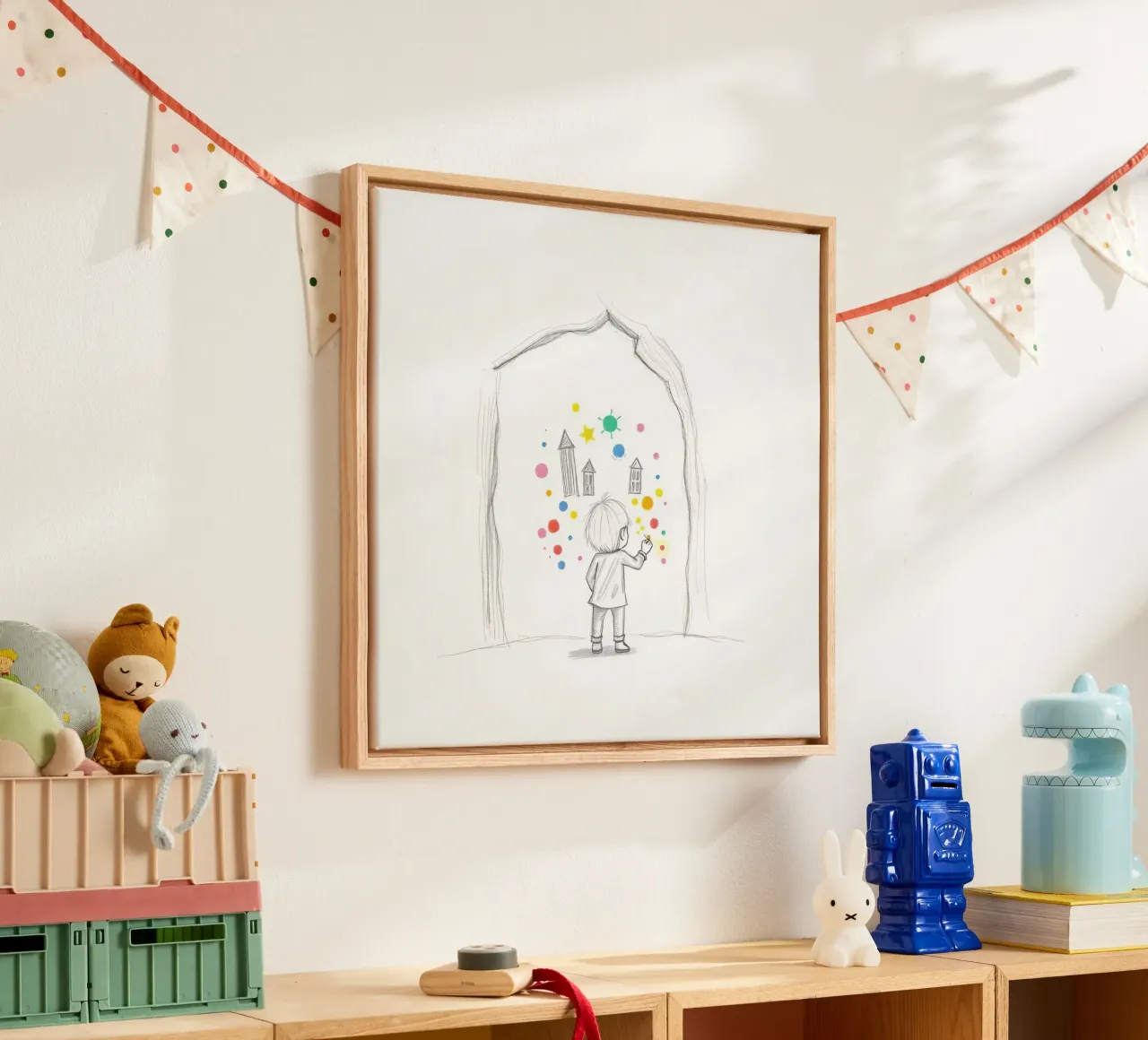 Kleines Kind malt kleine Häuser, Sterne und Punkte auf eine Wand Leinwand mit Schattenfugenrahmen von DesignDoodle