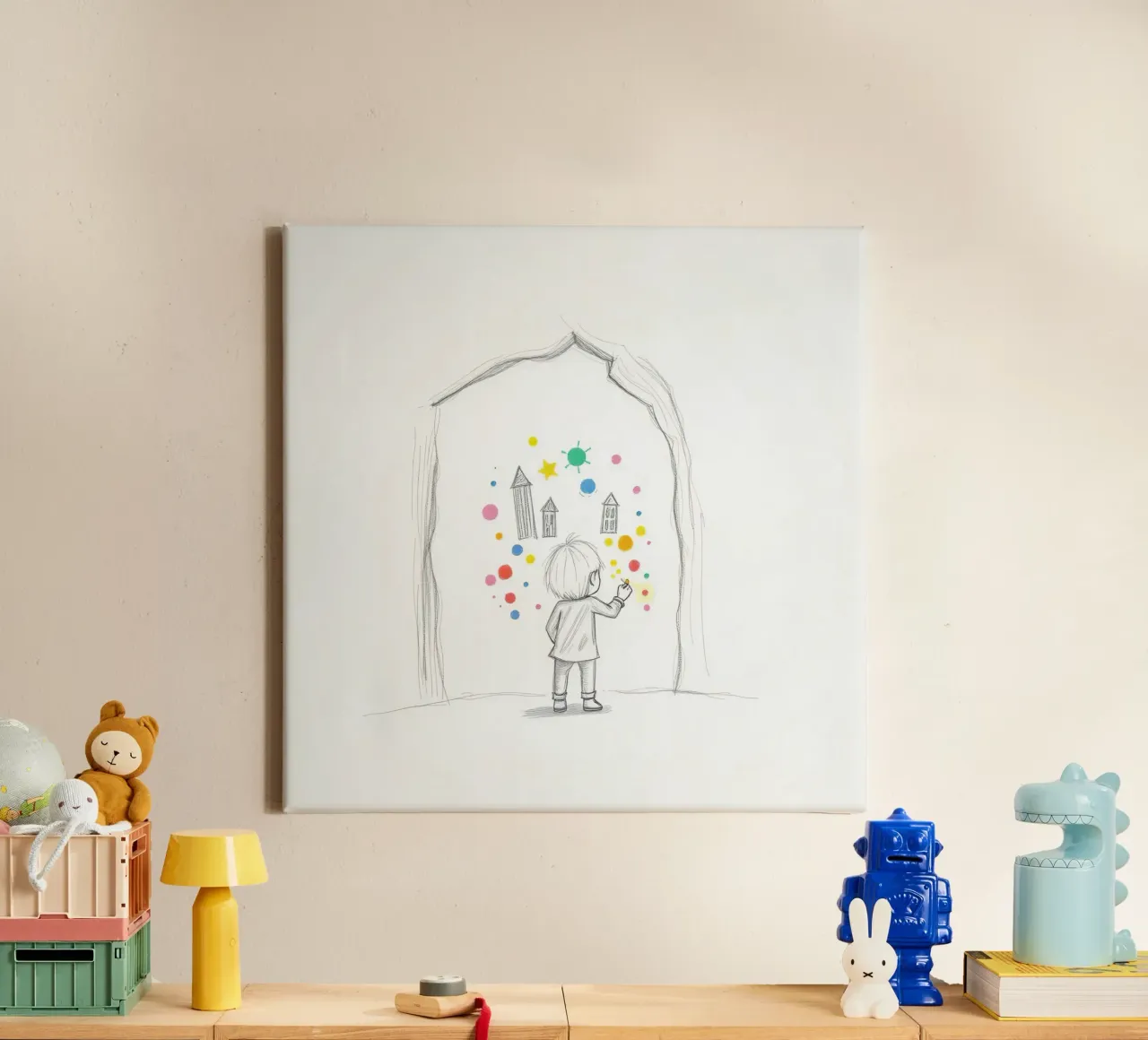 Kleines Kind malt kleine Häuser, Sterne und Punkte auf eine Wand Leinwand mit Schattenfugenrahmen von DesignDoodle