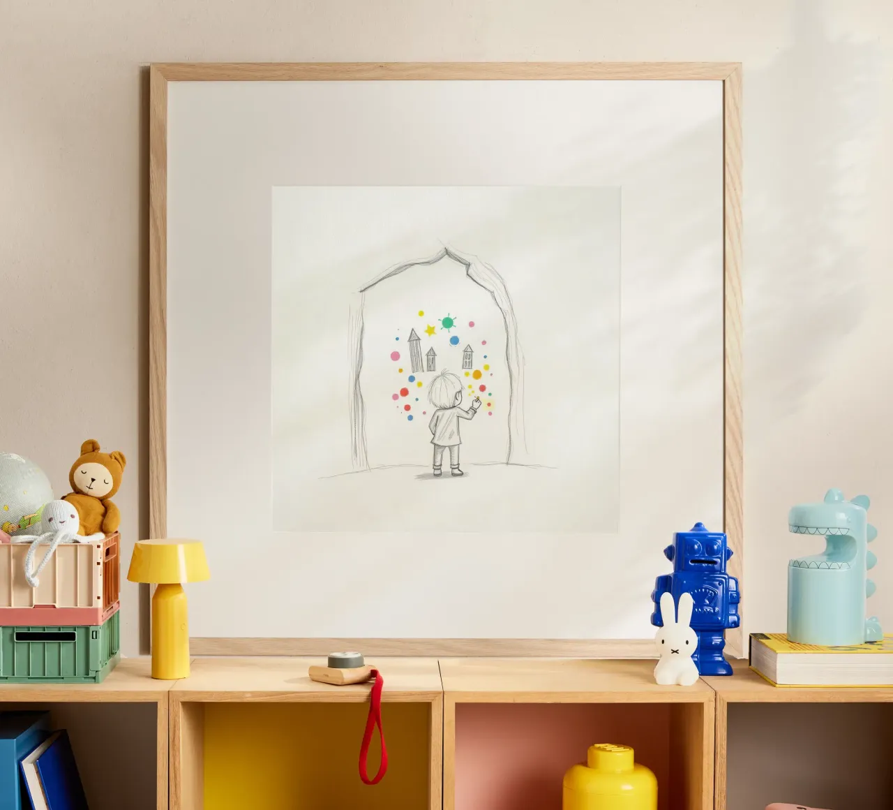 Kleines Kind malt kleine Häuser, Sterne und Punkte auf eine Wand Poster mit Aluminium Rahmen von DesignDoodle
