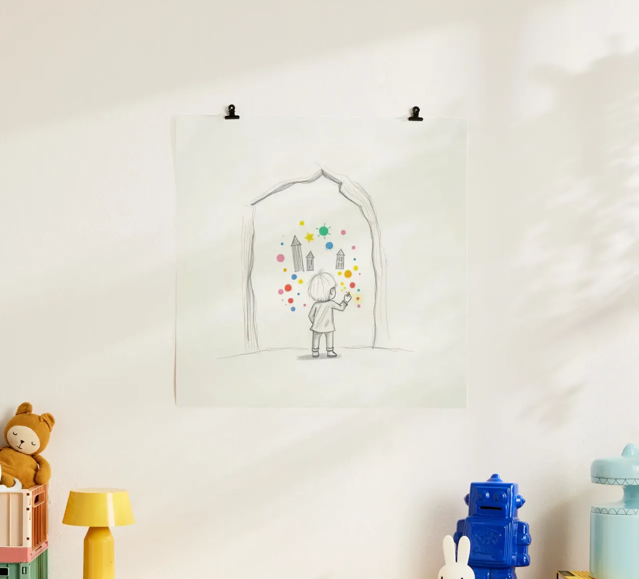 Kleines Kind malt kleine Häuser, Sterne und Punkte auf eine Wand Poster mit Aluminium Rahmen von DesignDoodle