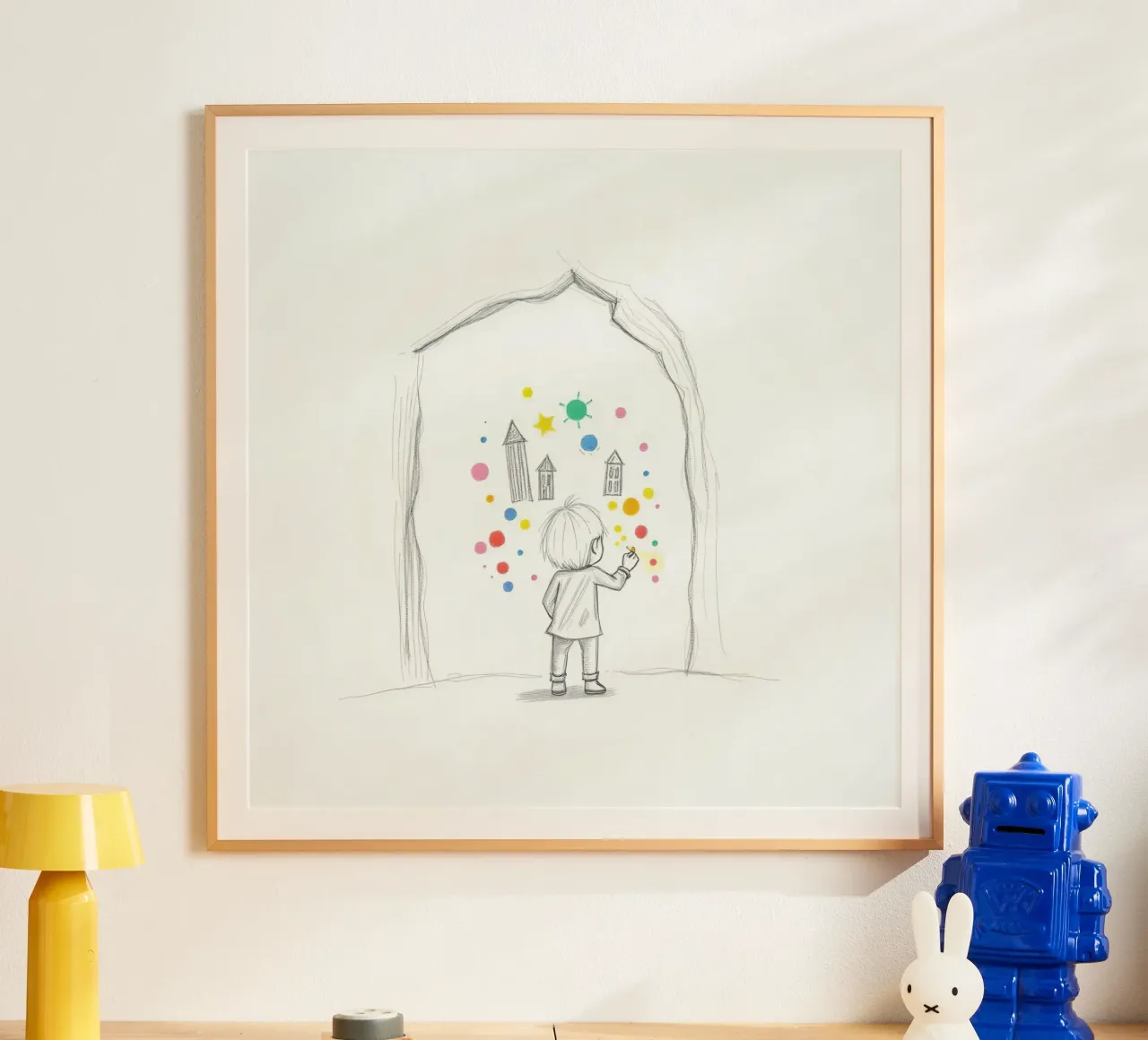 Kleines Kind malt kleine Häuser, Sterne und Punkte auf eine Wand Poster mit Aluminium Rahmen von DesignDoodle