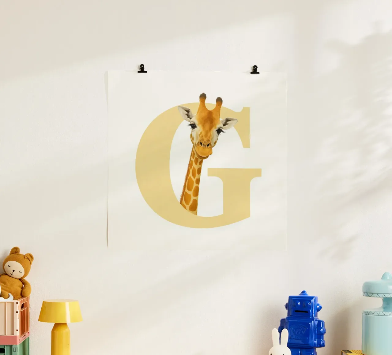 Giraffe kijkt door uitgeknipte letter G, educatieve kunst poster met kunststof frame van DesignDoodle