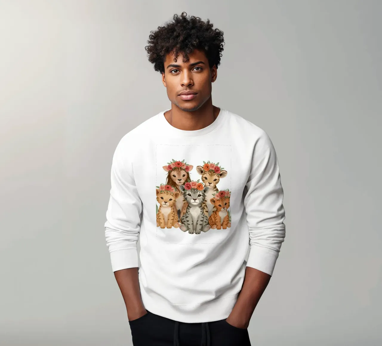 Groep schattige leeuwen- en luipaardwelpen met bloemenkroon sweatshirt van DesignDoodle