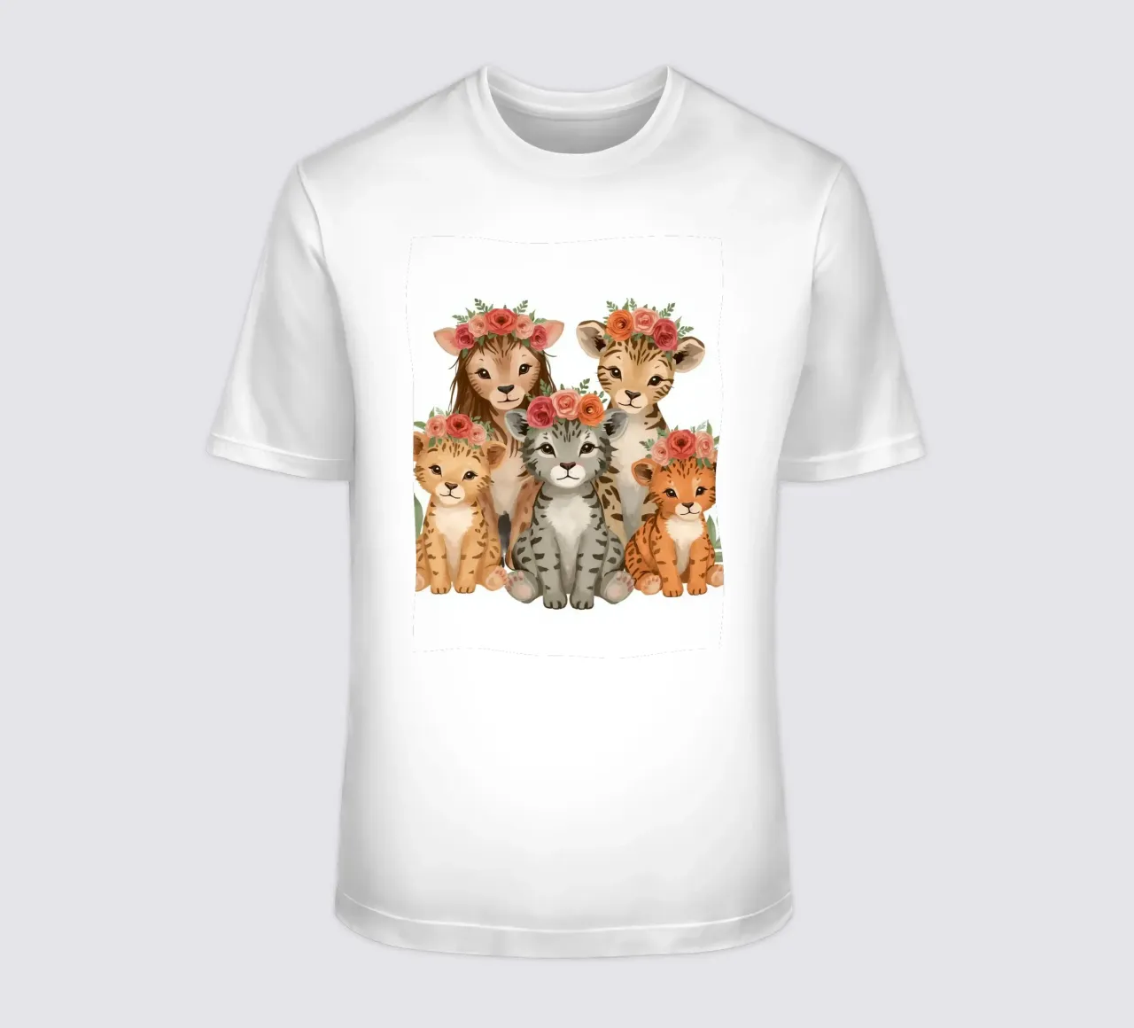 Groep schattige leeuwen- en luipaardwelpen met bloemenkroon t-shirt van DesignDoodle