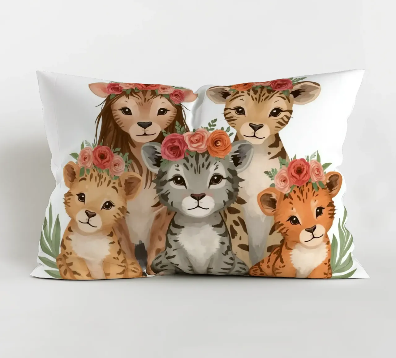 Gruppo di adorabili cuccioli di leone e di leopardo che indossano una corona floreale cuscino da DesignDoodle
