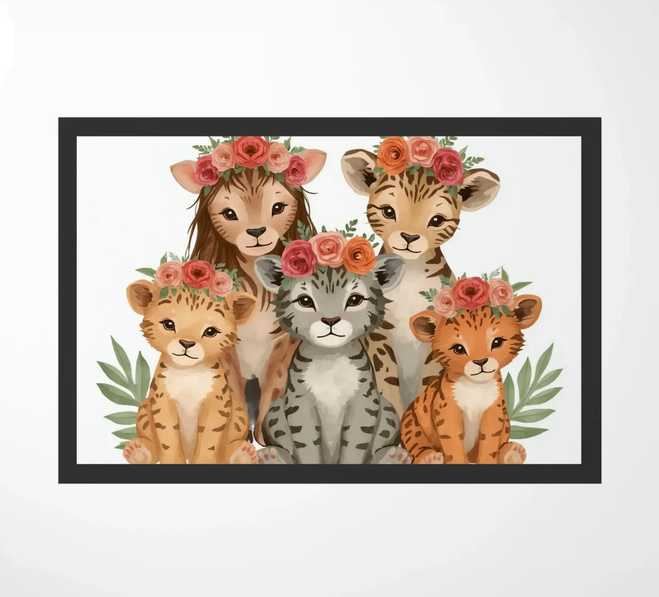 Groep schattige leeuwen- en luipaardwelpen met bloemenkroon deurmat van DesignDoodle