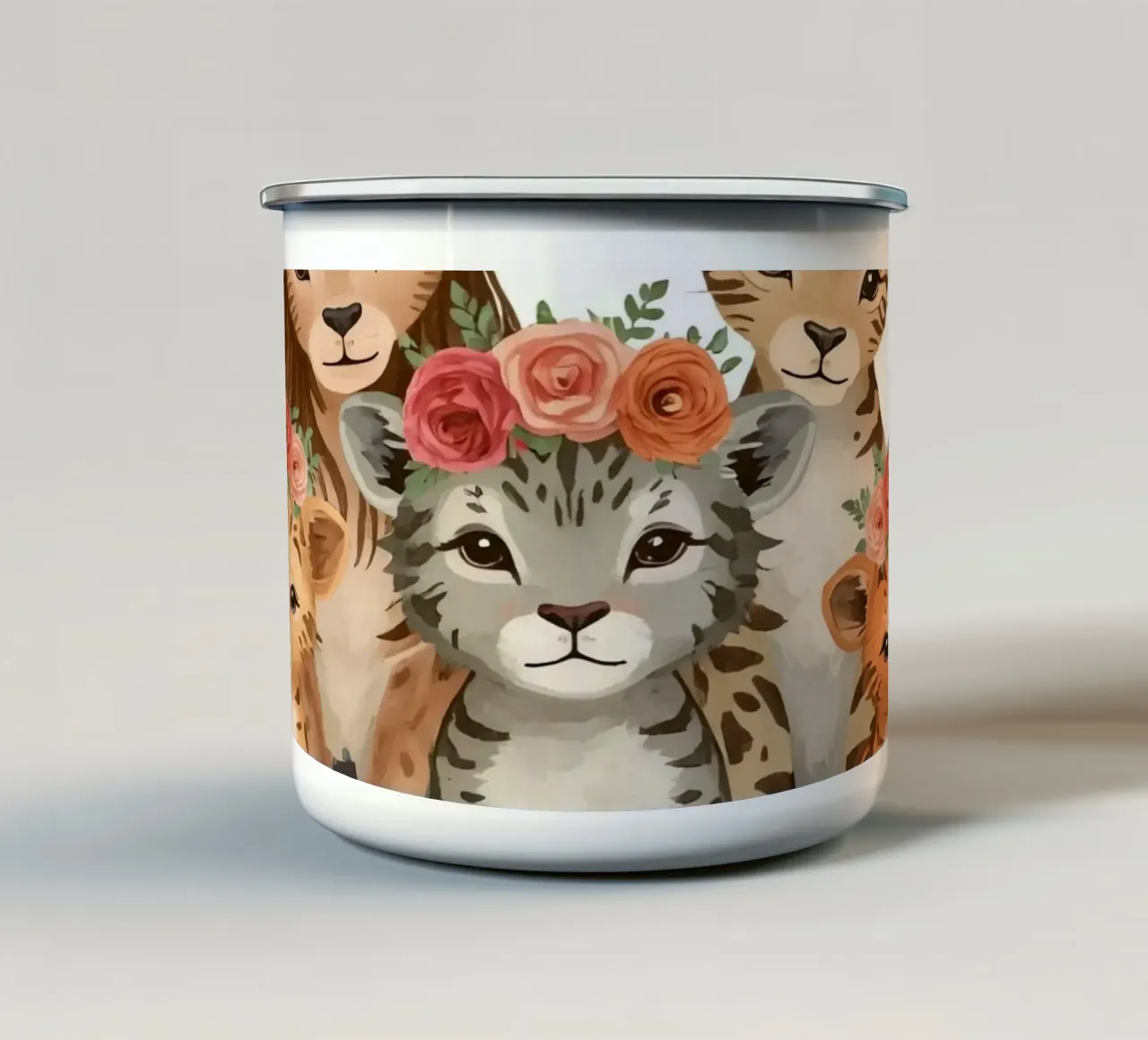 Group of adorable lion and leopard cubs wearing floral crown enamel mug by DesignDoodle