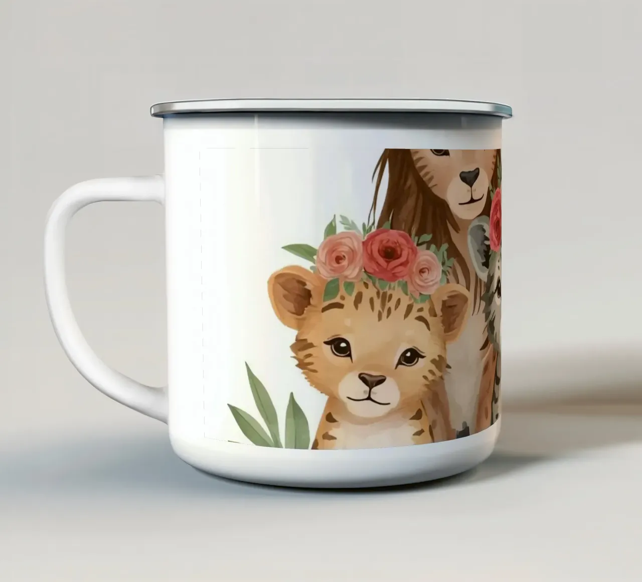 Group of adorable lion and leopard cubs wearing floral crown enamel mug by DesignDoodle