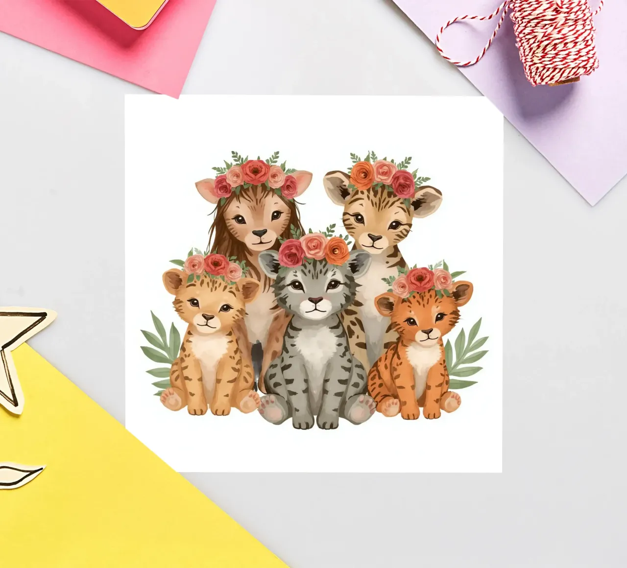 Groupe d'adorables lionceaux et léopards portant une couronne florale autocollant de DesignDoodle