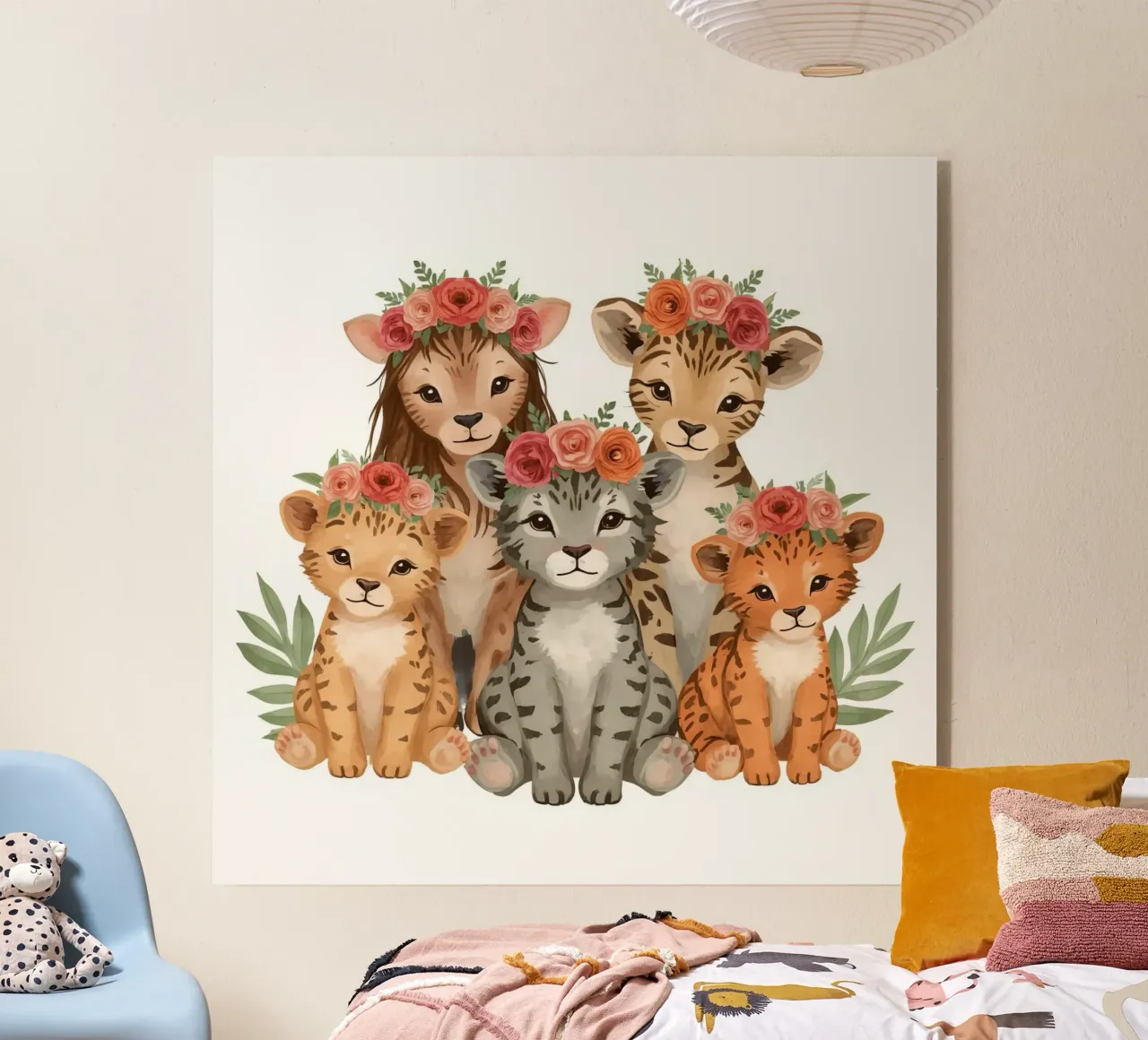 Groep schattige leeuwen- en luipaardwelpen met bloemenkroon acryl van DesignDoodle