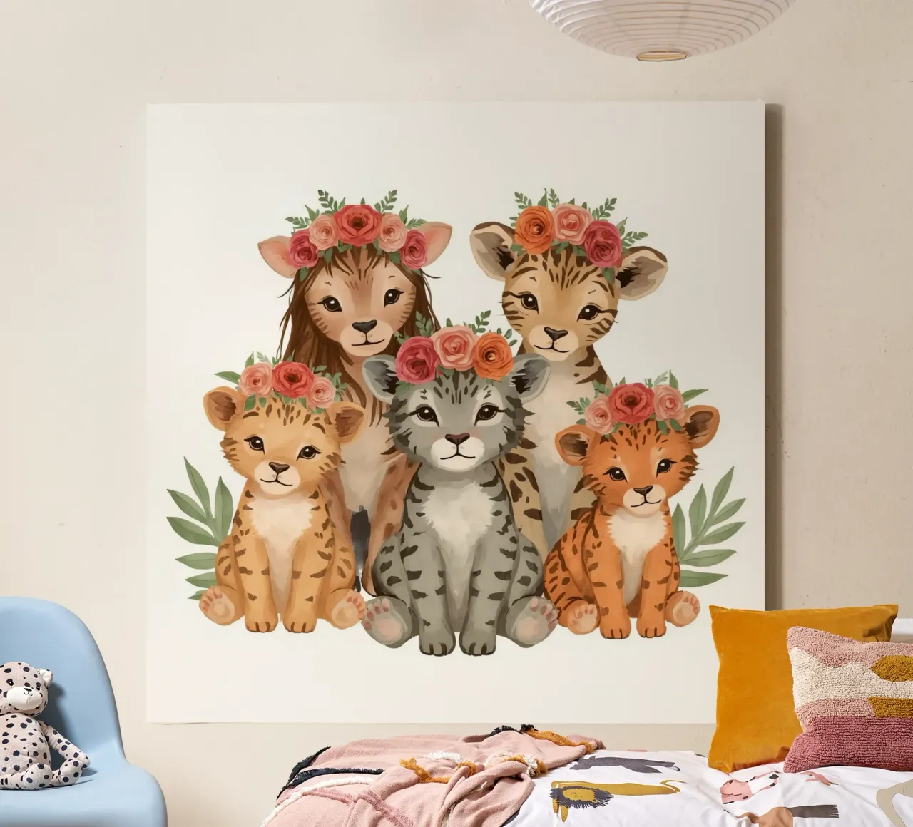 Groep schattige leeuwen- en luipaardwelpen met bloemenkroon canvas van DesignDoodle
