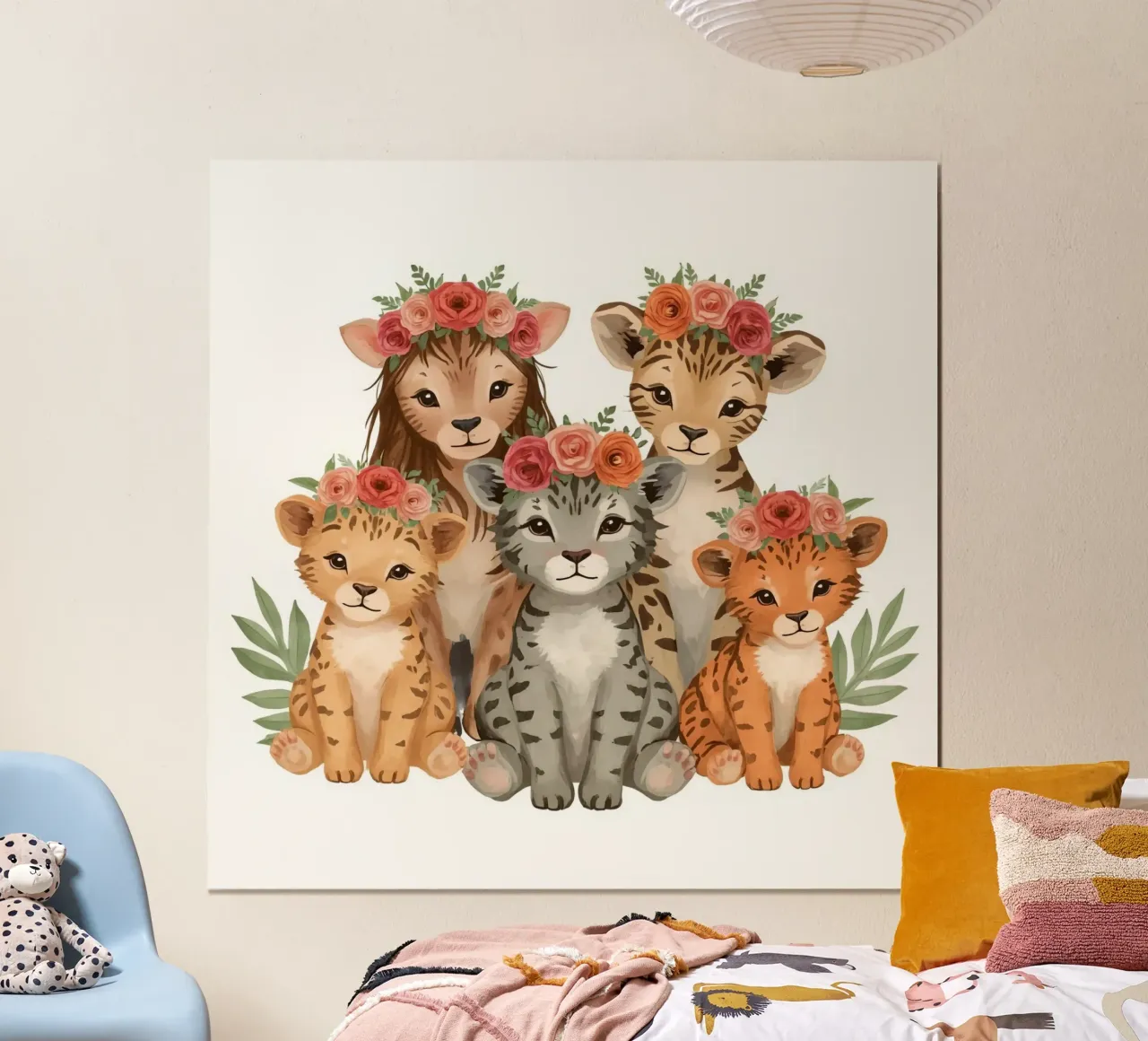 Groep schattige leeuwen- en luipaardwelpen met bloemenkroon hahnemühle van DesignDoodle