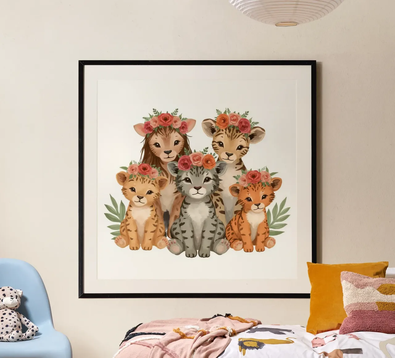 Groep schattige leeuwen- en luipaardwelpen met bloemenkroon hahnemühle van DesignDoodle