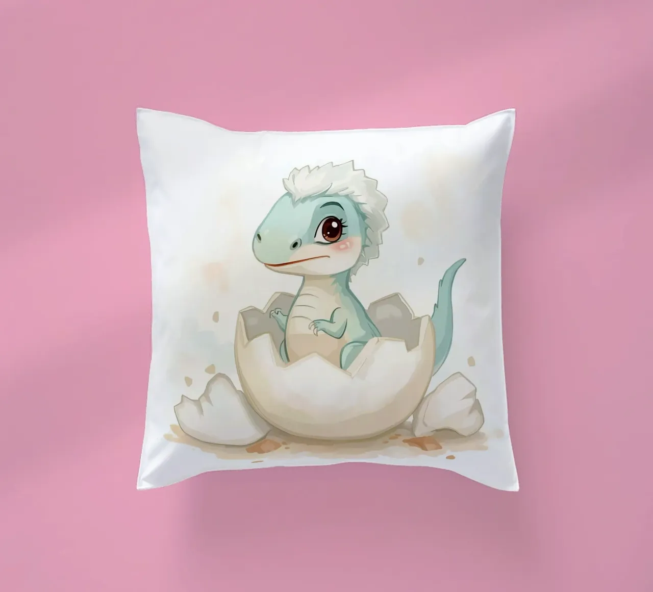 Piccolo dinosauro che si schiude da un uovo in stile acquerello cuscino da DesignDoodle