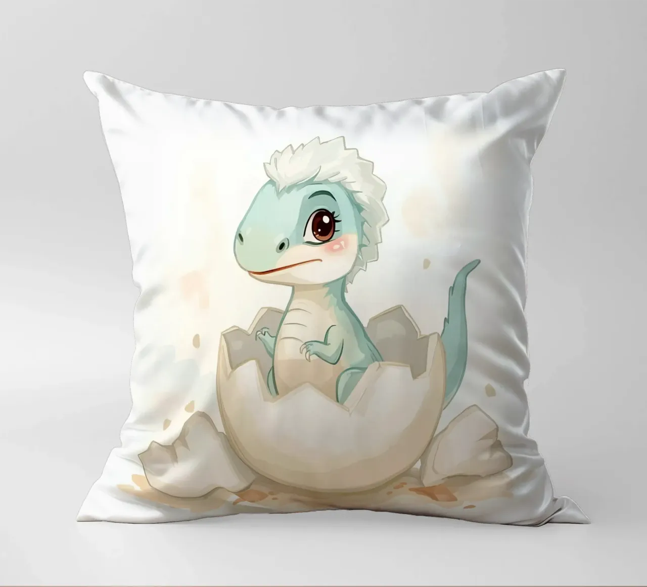 Piccolo dinosauro che si schiude da un uovo in stile acquerello cuscino da DesignDoodle