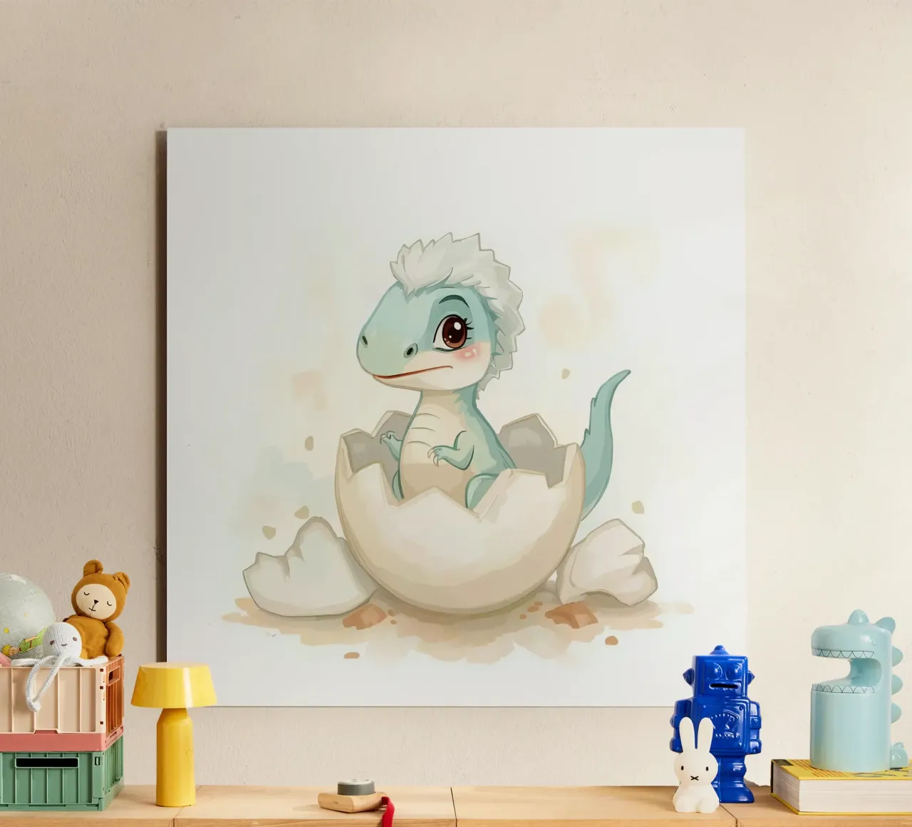 Little dinosaur hatching from an egg in watercolor style alu-dibond by DesignDoodle