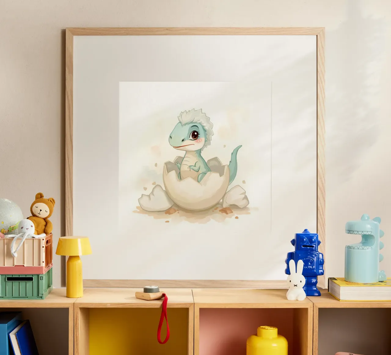 Little dinosaur hatching from an egg in watercolor style poster by DesignDoodle