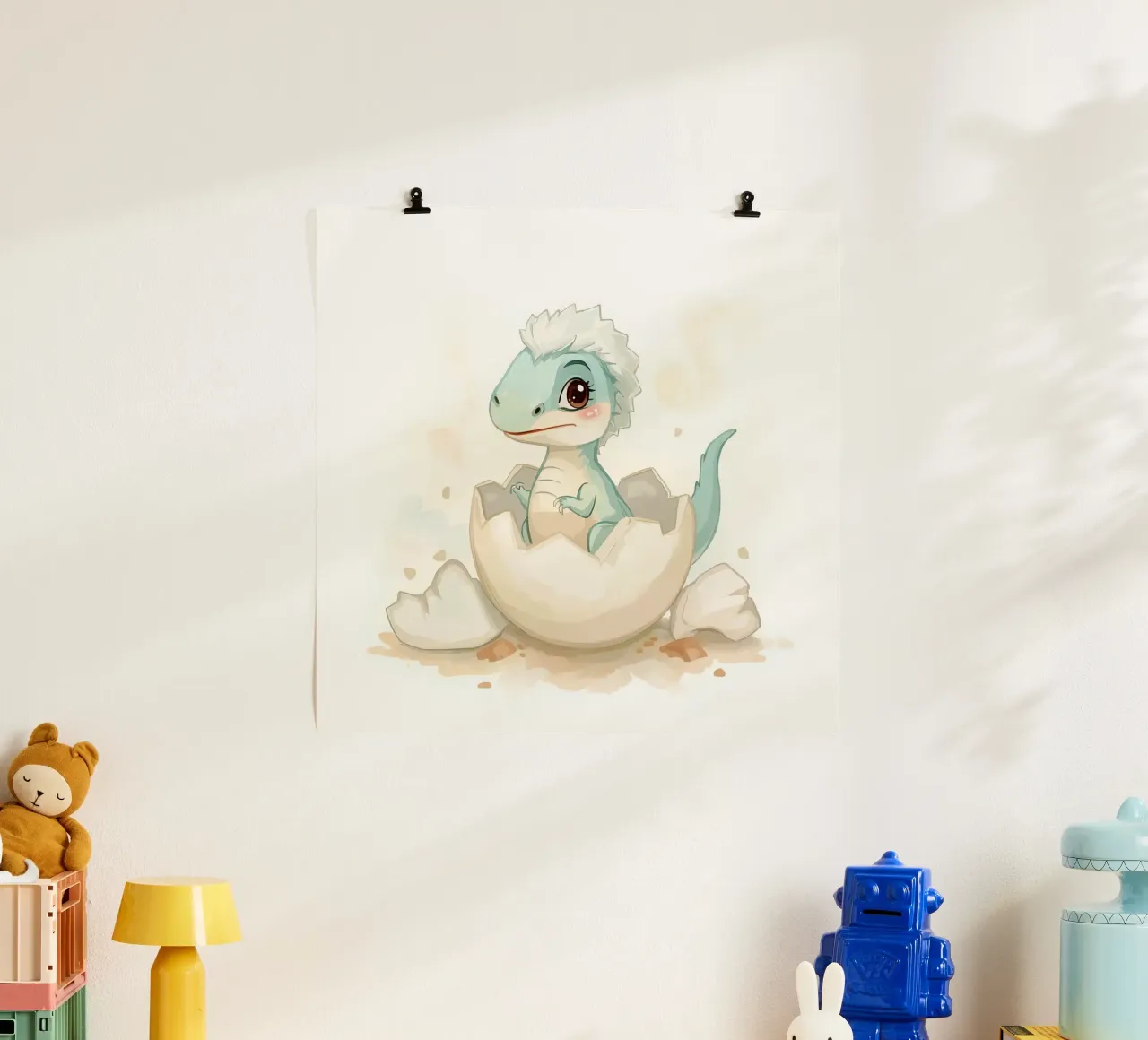 Little dinosaur hatching from an egg in watercolor style poster by DesignDoodle