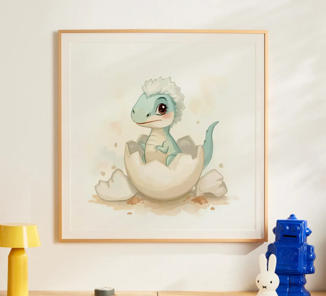 Little dinosaur hatching from an egg in watercolor style poster by DesignDoodle
