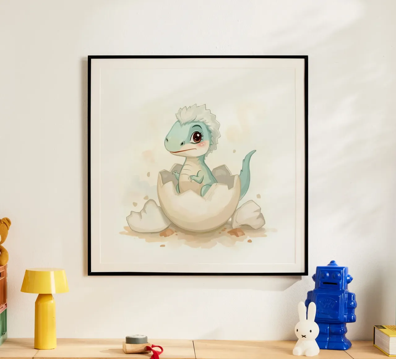 Little dinosaur hatching from an egg in watercolor style poster by DesignDoodle